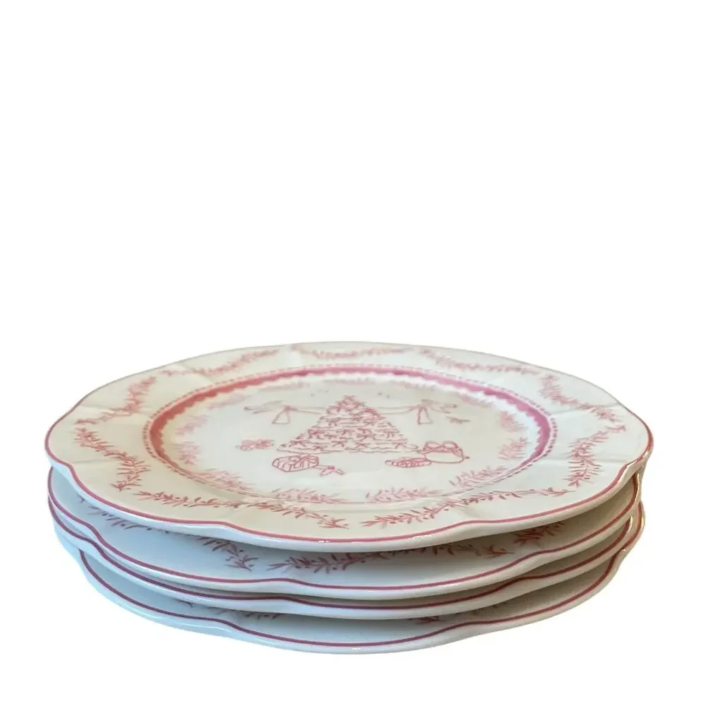 Monterey Bay Porcelain Christmas Dinner Plates 10.5in Pink & White Set of 3 NEW